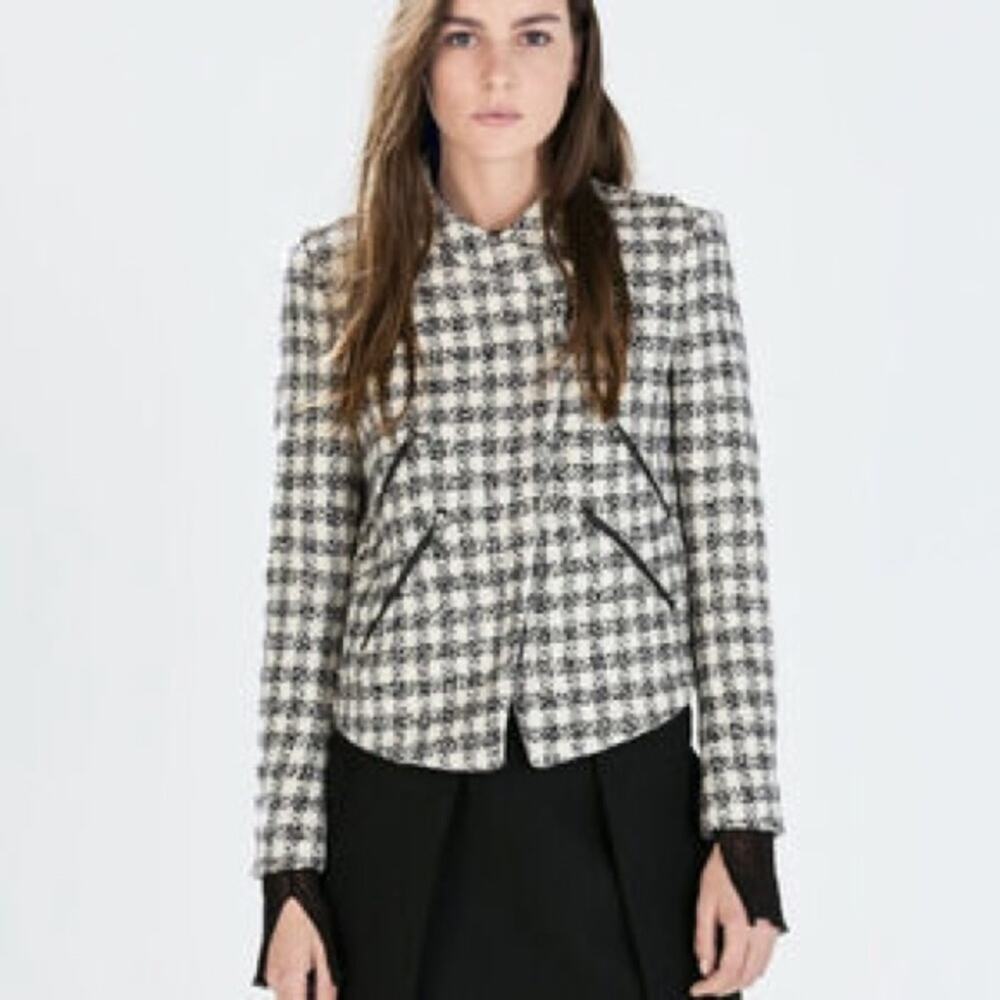 ZARA Checkered Tweed Moto Blazer | Black & White Cropped Harris Tweed Jacket